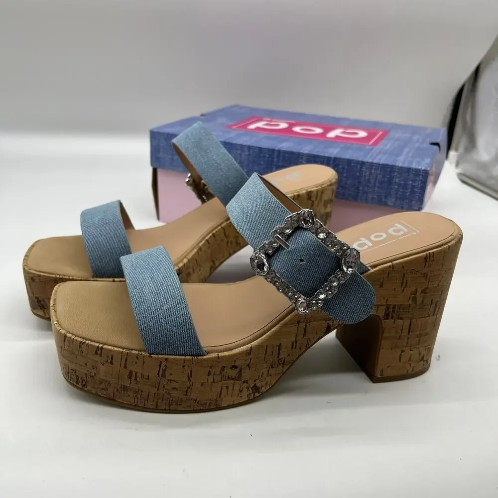 Pop Womens Sharice Heeled Sandals Denim Light Blue Size 11M